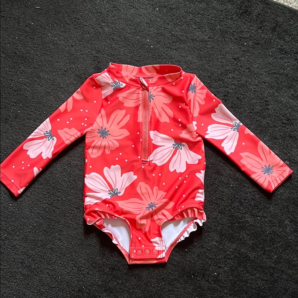 Carter's Red and Pink One Piece Swimwear with Tropical Floral Design